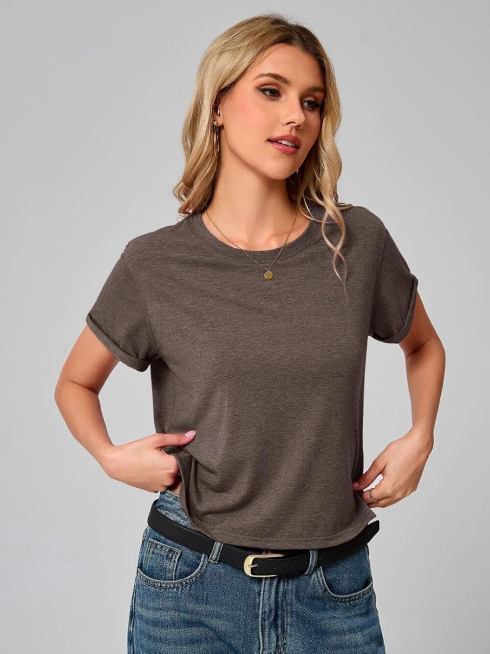 Women's Brown Summer Short Sleeve Crewneck Crop Casual and Flowy Style T Shirt - Picture 5 of 6